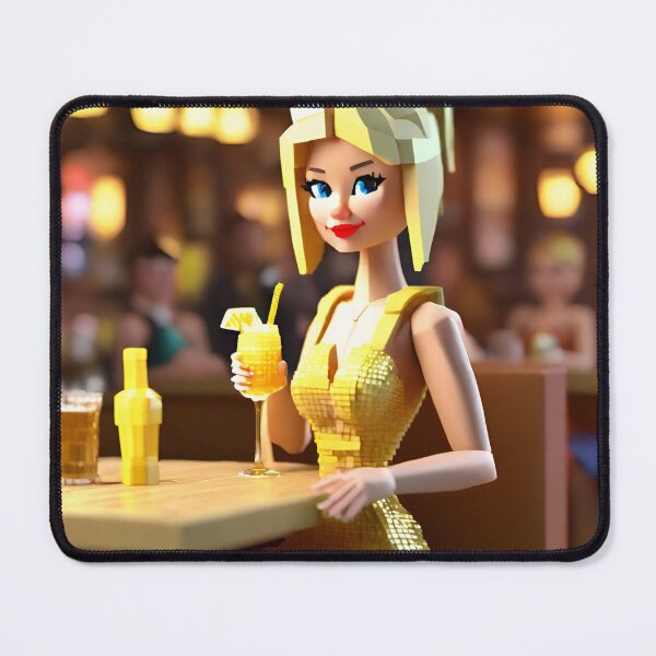 Item preview, doll looking blonde girl wearing golden mini dress drinking mocktail in a pub designed and sold by thebitsinc.