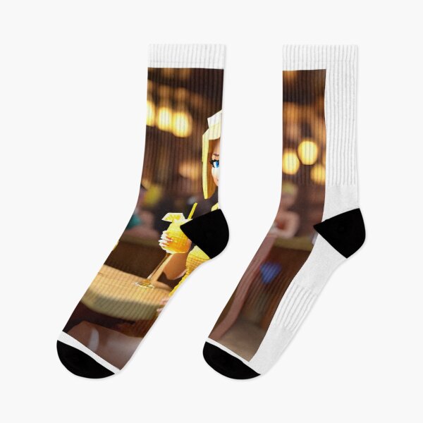 Item preview, doll looking blonde girl wearing golden mini dress drinking mocktail in a pub designed and sold by thebitsinc.