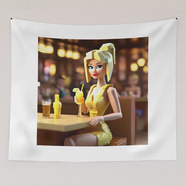 Item preview, doll looking blonde girl wearing golden mini dress drinking mocktail in a pub designed and sold by thebitsinc.