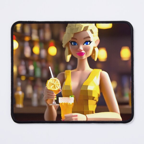 Item preview, doll looking blonde girl wearing golden mini dress drinking mocktail in a pub designed and sold by thebitsinc.