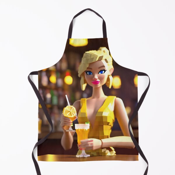 Item preview, doll looking blonde girl wearing golden mini dress drinking mocktail in a pub designed and sold by thebitsinc.
