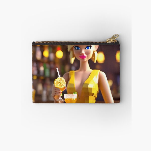 Item preview, doll looking blonde girl wearing golden mini dress drinking mocktail in a pub designed and sold by thebitsinc.