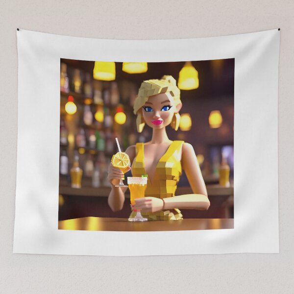 Item preview, doll looking blonde girl wearing golden mini dress drinking mocktail in a pub designed and sold by thebitsinc.