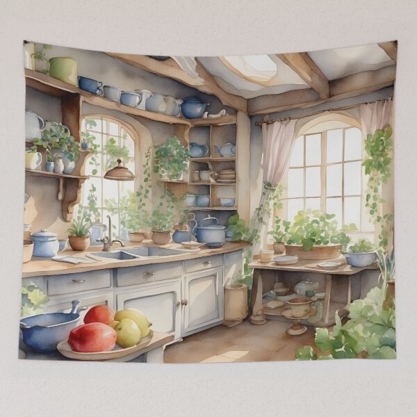 Item preview, Vintage kitchen with porcelain dishware on shelf decoration in cottage style designed and sold by Jayjaynaenae.