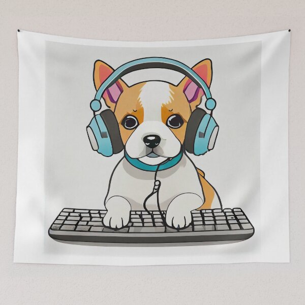 Item preview, Adorable dog wearing headphones sitting on a keyboard designed and sold by fotofeast.