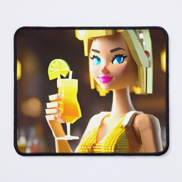 Item preview, doll looking blonde girl wearing golden mini dress drinking mocktail in a pub designed and sold by thebitsinc.