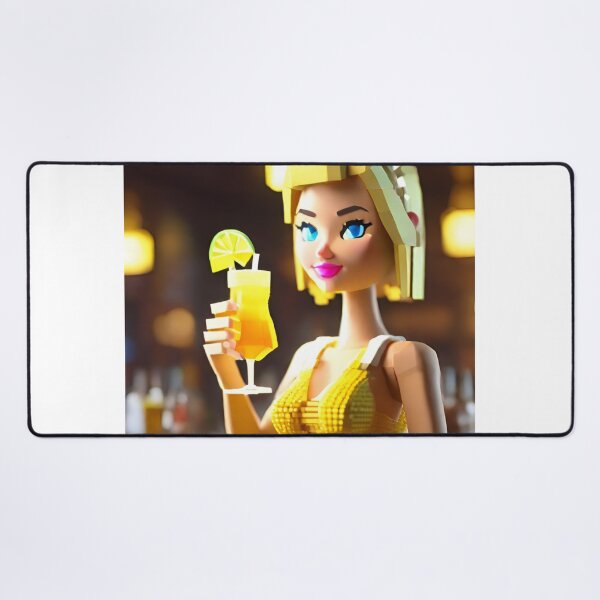 Item preview, doll looking blonde girl wearing golden mini dress drinking mocktail in a pub designed and sold by thebitsinc.