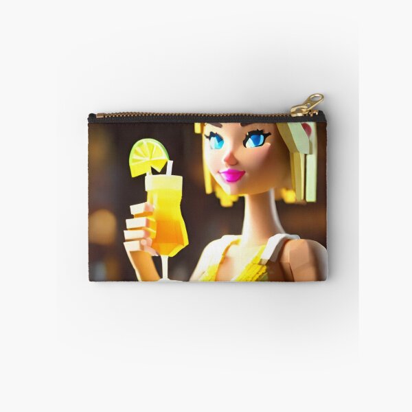Item preview, doll looking blonde girl wearing golden mini dress drinking mocktail in a pub designed and sold by thebitsinc.