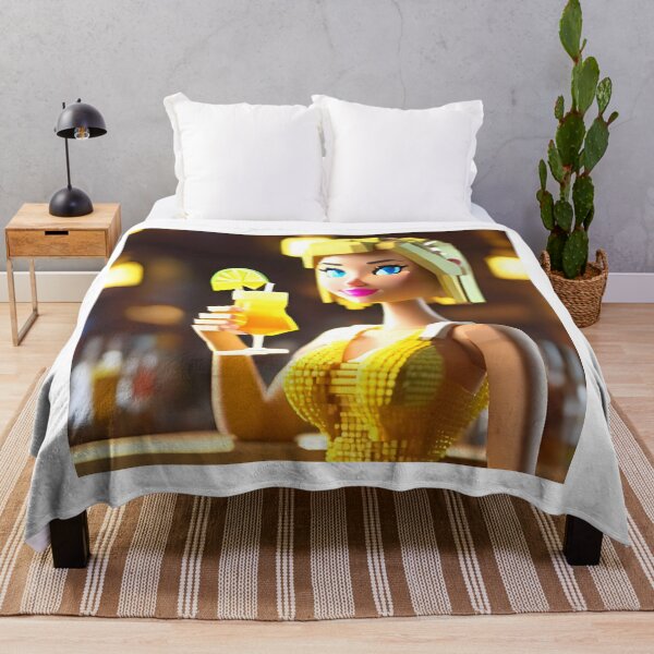 Item preview, doll looking blonde girl wearing golden mini dress drinking mocktail in a pub designed and sold by thebitsinc.