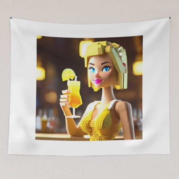 Item preview, doll looking blonde girl wearing golden mini dress drinking mocktail in a pub designed and sold by thebitsinc.