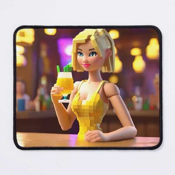 Item preview, doll looking blonde girl wearing golden mini dress drinking mocktail in a pub designed and sold by thebitsinc.