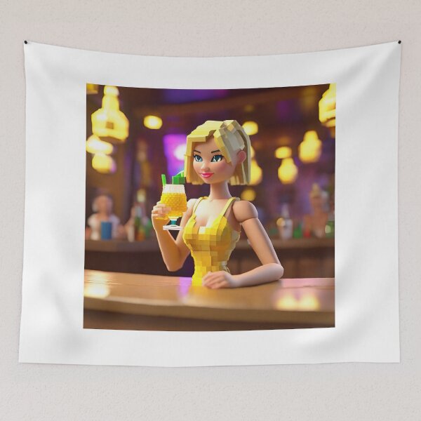 Item preview, doll looking blonde girl wearing golden mini dress drinking mocktail in a pub designed and sold by thebitsinc.