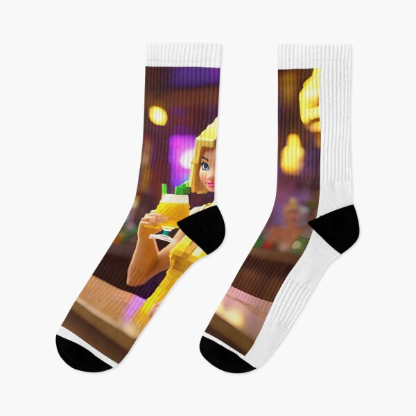 Item preview, doll looking blonde girl wearing golden mini dress drinking mocktail in a pub designed and sold by thebitsinc.