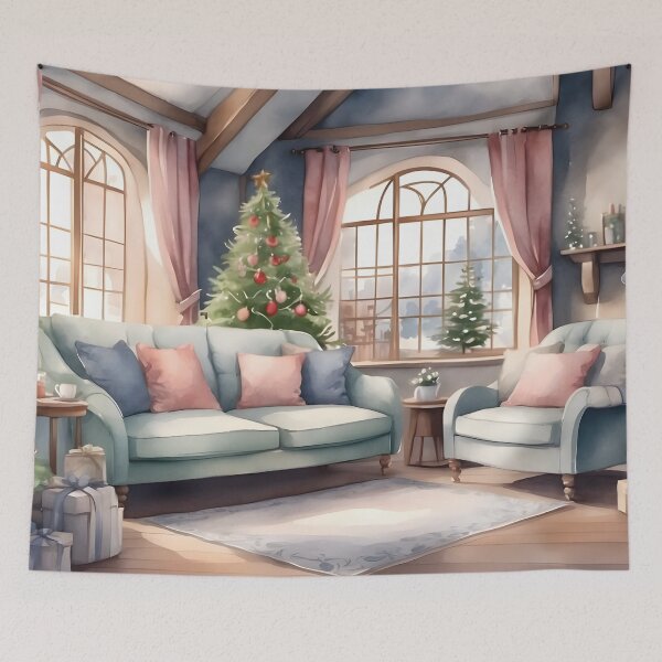 Aperçu de l'œuvre Salon romantique avec décoration d'arbre de Noël dans le style cottage anglais créée et vendue par Jayjaynaenae.