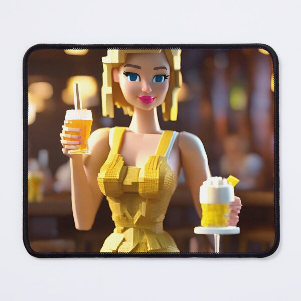 Item preview, doll looking blonde girl wearing golden mini dress drinking mocktail in a pub designed and sold by thebitsinc.