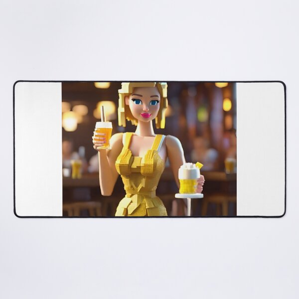 Item preview, doll looking blonde girl wearing golden mini dress drinking mocktail in a pub designed and sold by thebitsinc.