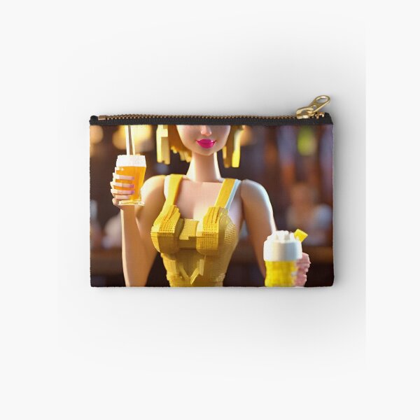 Item preview, doll looking blonde girl wearing golden mini dress drinking mocktail in a pub designed and sold by thebitsinc.