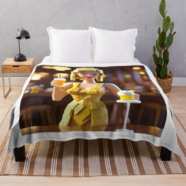 Item preview, doll looking blonde girl wearing golden mini dress drinking mocktail in a pub designed and sold by thebitsinc.
