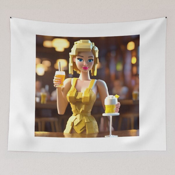 Item preview, doll looking blonde girl wearing golden mini dress drinking mocktail in a pub designed and sold by thebitsinc.