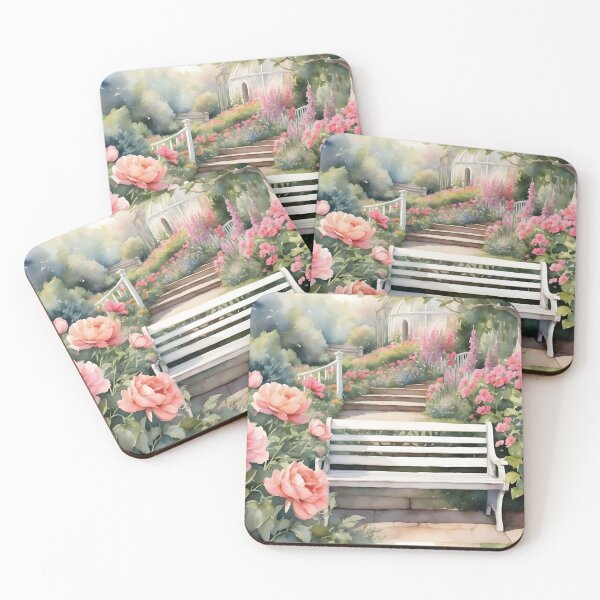 Item preview, White bench chair with flower garden in backyard watercolor painted. designed and sold by Jayjaynaenae.