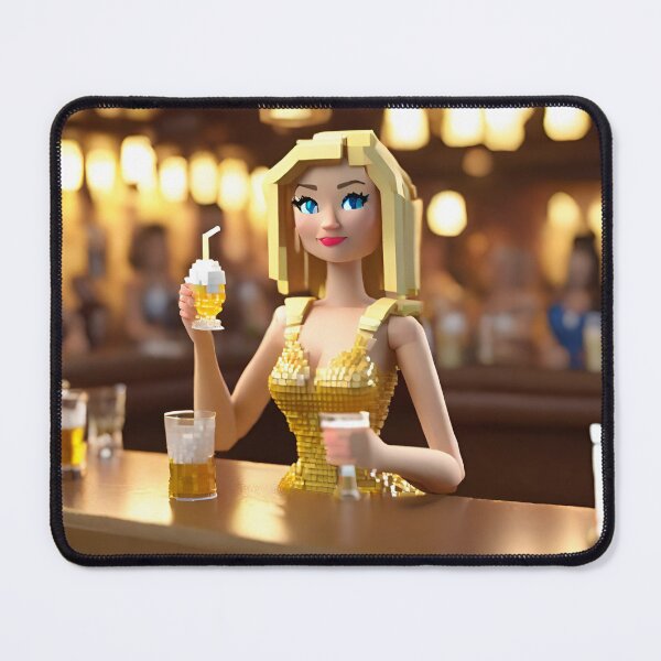 Item preview, doll looking blonde girl wearing golden mini dress drinking mocktail in a pub designed and sold by thebitsinc.