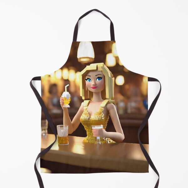 Item preview, doll looking blonde girl wearing golden mini dress drinking mocktail in a pub designed and sold by thebitsinc.