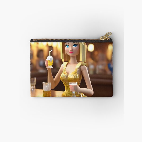 Item preview, doll looking blonde girl wearing golden mini dress drinking mocktail in a pub designed and sold by thebitsinc.