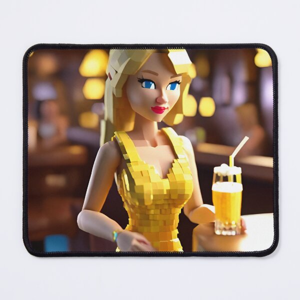 Item preview, doll looking blonde girl wearing golden mini dress drinking mocktail in a pub designed and sold by thebitsinc.