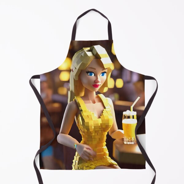 Item preview, doll looking blonde girl wearing golden mini dress drinking mocktail in a pub designed and sold by thebitsinc.