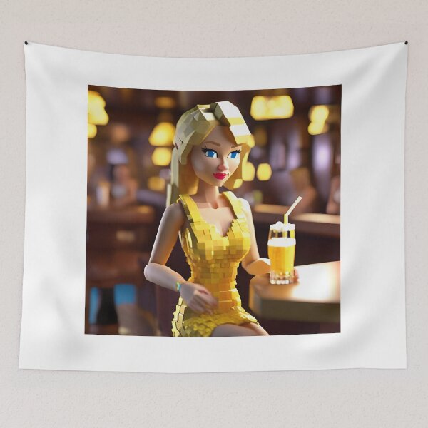 Item preview, doll looking blonde girl wearing golden mini dress drinking mocktail in a pub designed and sold by thebitsinc.