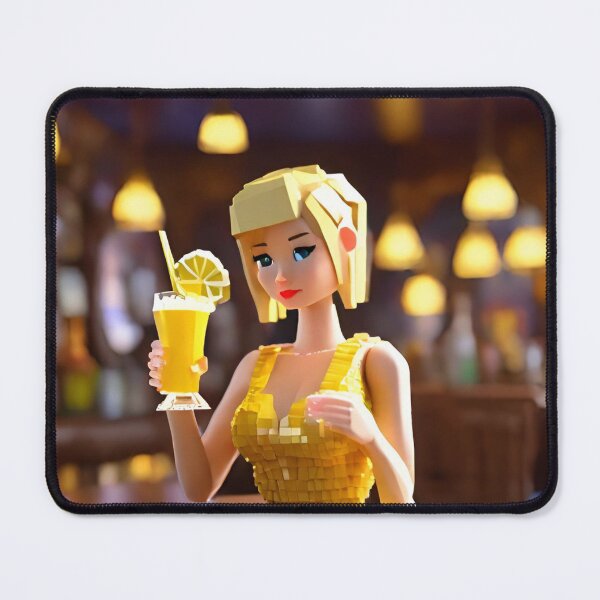 Item preview, doll looking blonde girl wearing golden mini dress drinking mocktail in a pub designed and sold by thebitsinc.