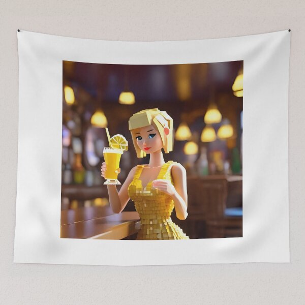 Item preview, doll looking blonde girl wearing golden mini dress drinking mocktail in a pub designed and sold by thebitsinc.