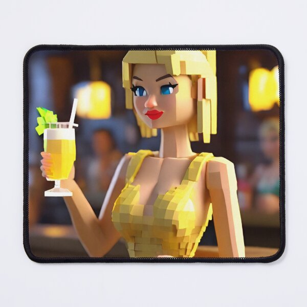 Item preview, doll looking blonde girl wearing golden mini dress drinking mocktail in a pub designed and sold by thebitsinc.