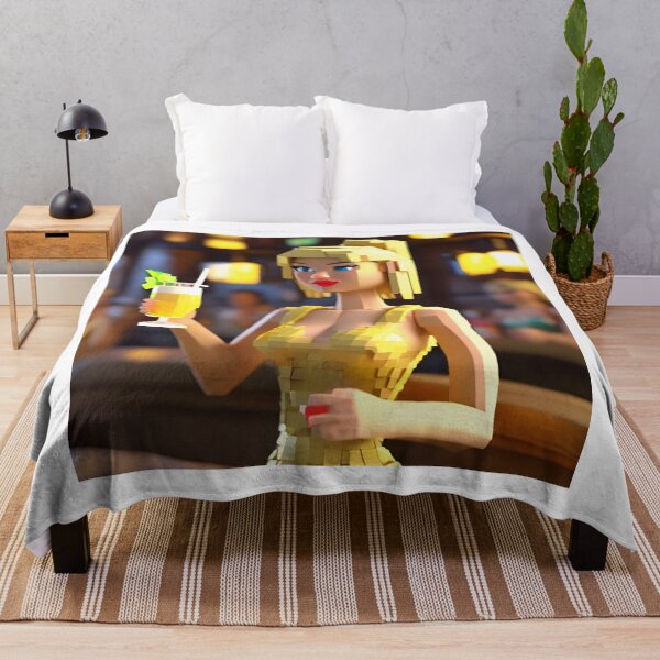Item preview, doll looking blonde girl wearing golden mini dress drinking mocktail in a pub designed and sold by thebitsinc.