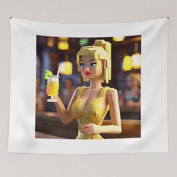 Item preview, doll looking blonde girl wearing golden mini dress drinking mocktail in a pub designed and sold by thebitsinc.