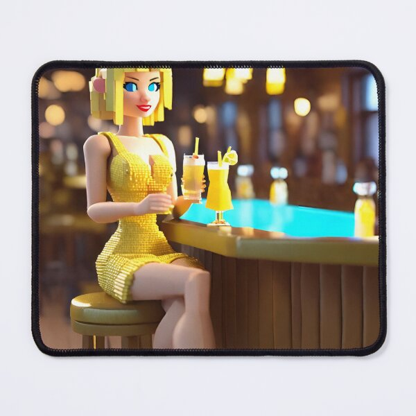 Item preview, doll looking blonde girl wearing golden mini dress drinking mocktail in a pub designed and sold by thebitsinc.