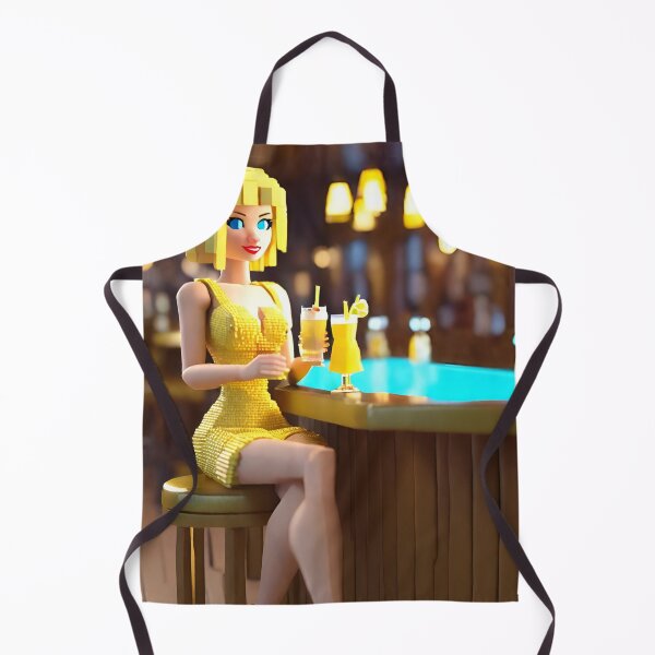 Item preview, doll looking blonde girl wearing golden mini dress drinking mocktail in a pub designed and sold by thebitsinc.