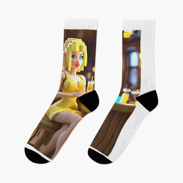Item preview, doll looking blonde girl wearing golden mini dress drinking mocktail in a pub designed and sold by thebitsinc.