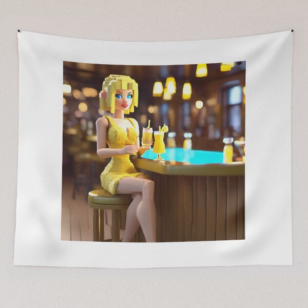 Item preview, doll looking blonde girl wearing golden mini dress drinking mocktail in a pub designed and sold by thebitsinc.