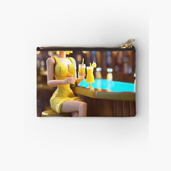 Item preview, doll looking blonde girl wearing golden mini dress drinking mocktail in a pub designed and sold by thebitsinc.