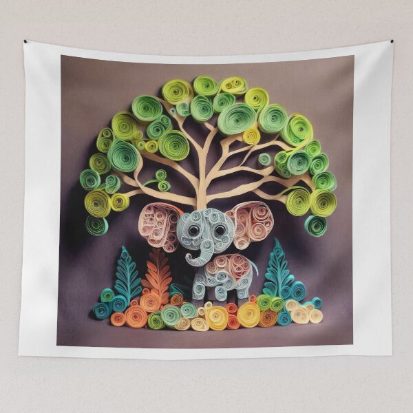 Item preview, Cute elephant under a tree made of colorful quilling paper art designed and sold by fotofeast.