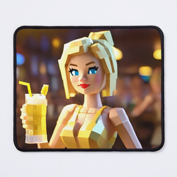 Item preview, doll looking blonde girl wearing golden mini dress drinking mocktail in a pub designed and sold by thebitsinc.