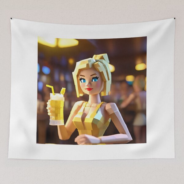 Item preview, doll looking blonde girl wearing golden mini dress drinking mocktail in a pub designed and sold by thebitsinc.