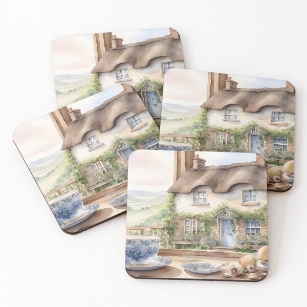 Item preview, English tea set on windowsill with rustic cottage watercolor style. designed and sold by Jayjaynaenae.