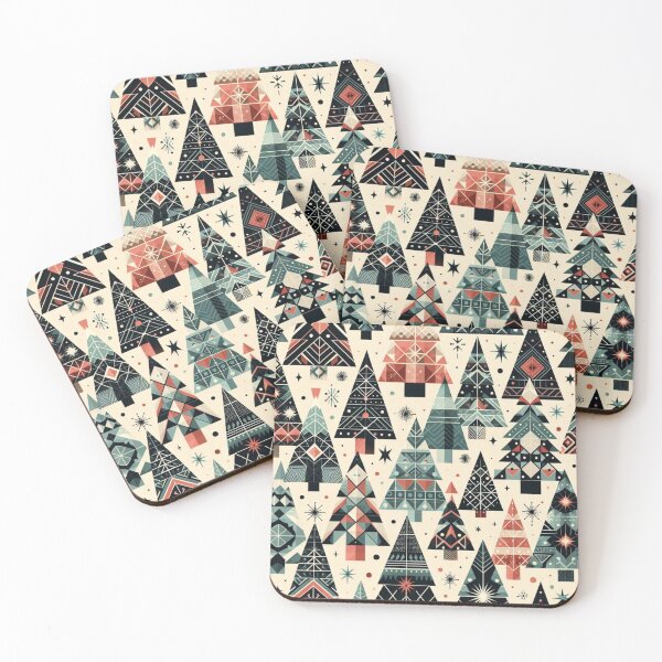 Item preview, Modern Geometric Christmas Tree mid Century Greens Blues Rust Red pattern designed and sold by CoffeeIsATrip.