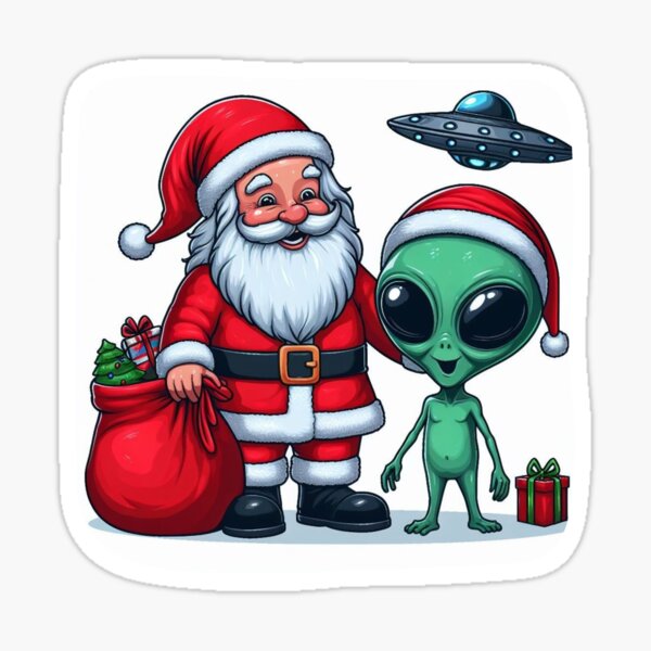 Vista previa del artículo con la obra «Intercambio de regalos de Papá Noel y extraterrestres», diseñado y vendido por HeadTurningArt.