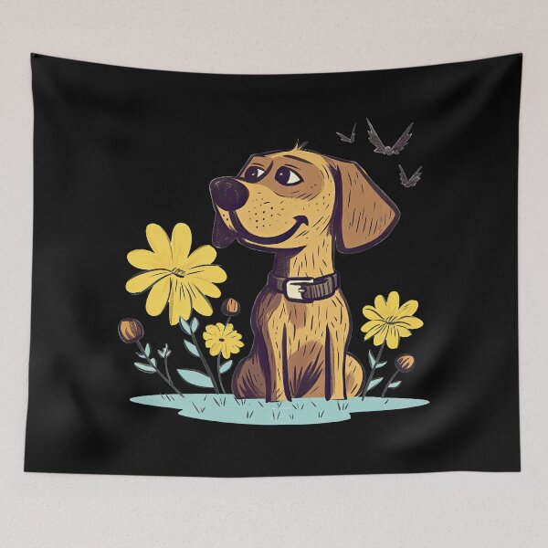 Item preview, Cute brown dog sits between yellow flowers designed and sold by WallGemsArt.
