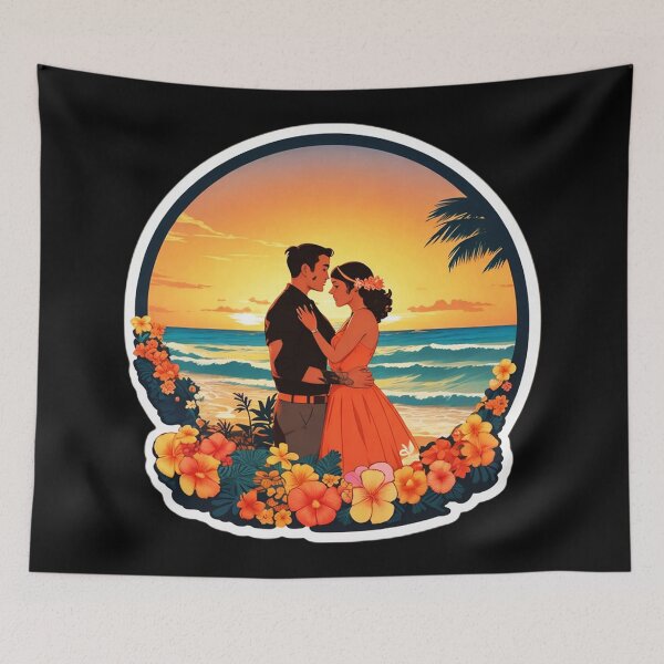 Item preview, Romantic Couple Watching Hawaiian  Sunset with Orchid Flowers and Palm Trees designed and sold by NautiChic.