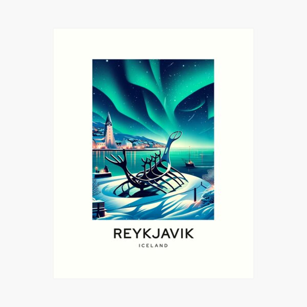 Aperçu de l'œuvre Hiver Reykjavik Islande avec aurores boréales créée et vendue par TravelMarvel.