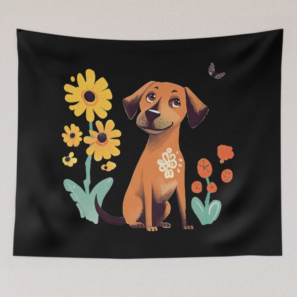Item preview, Sweet brown dog sits between colorful flowers designed and sold by WallGemsArt.